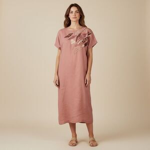 Pia Rucci Vintage 80s Terracotta Shift Dress with Embellished Yoke Woven Ramie